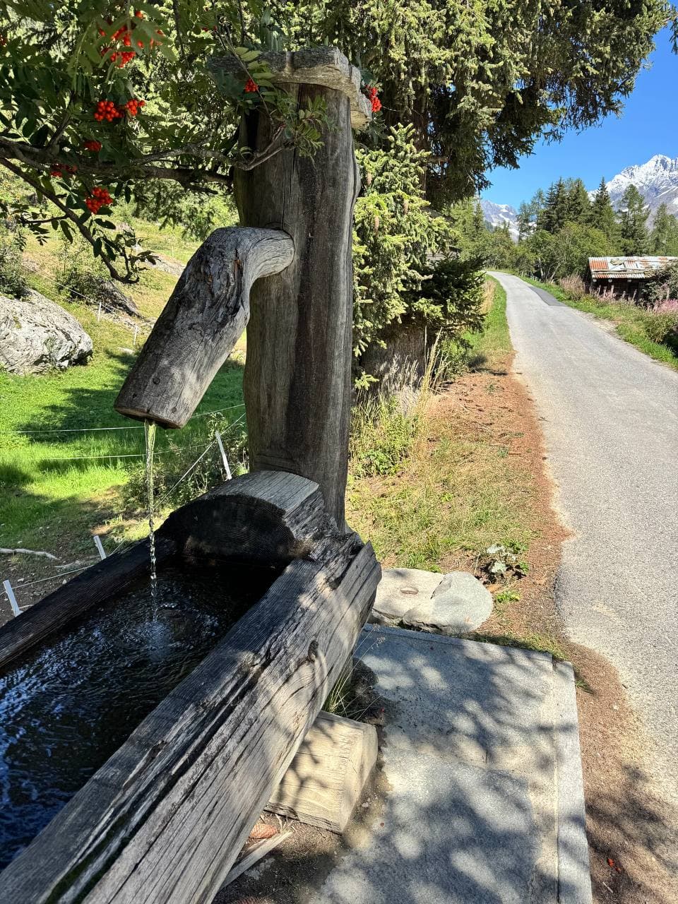 Holzbrunnen am Wegrand